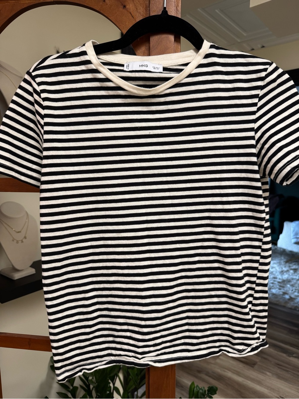Mango Black and Cream Striped Crewneck Top